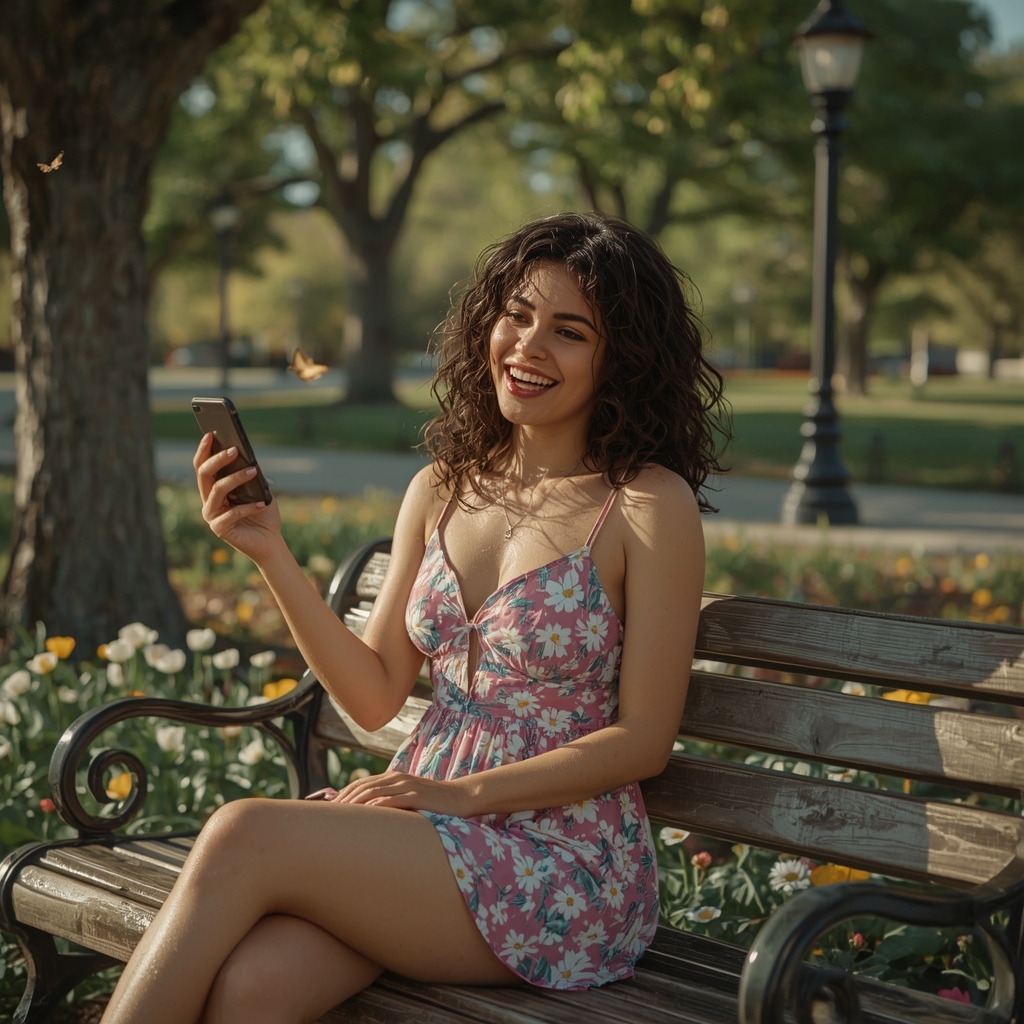 une femme heureuse regardant son téléphone sur Lucky8 Casino